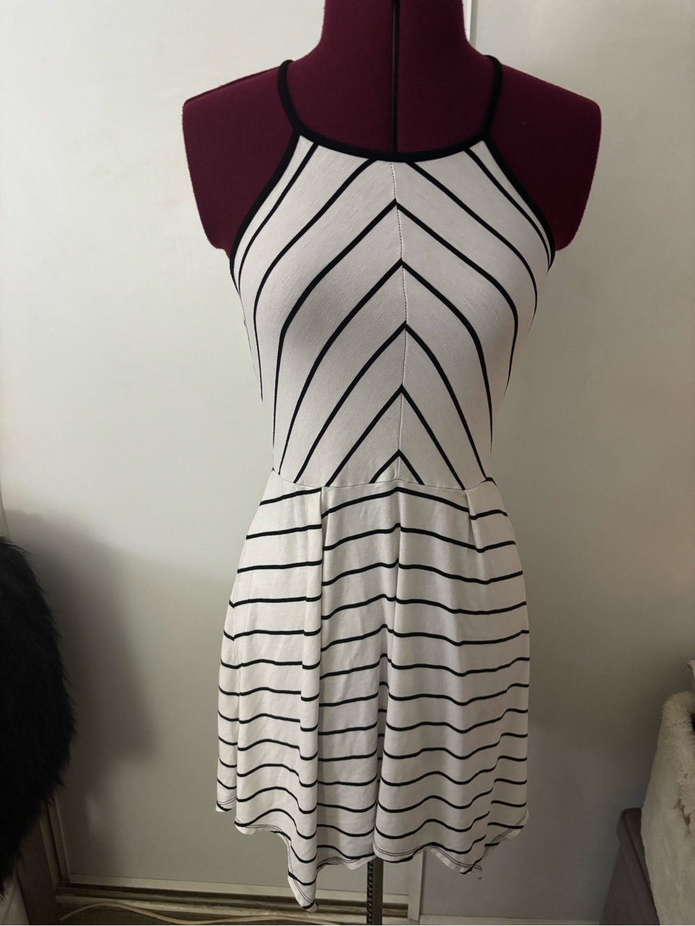 EUC Love Fire Striped Halter-Neck Black & White Skater Dress, Size Small